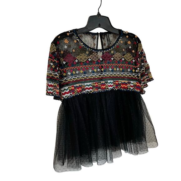 Zara Beaded Mesh Embroidered Mesh Peplum Blouse Size Small - Picture 2 of 5